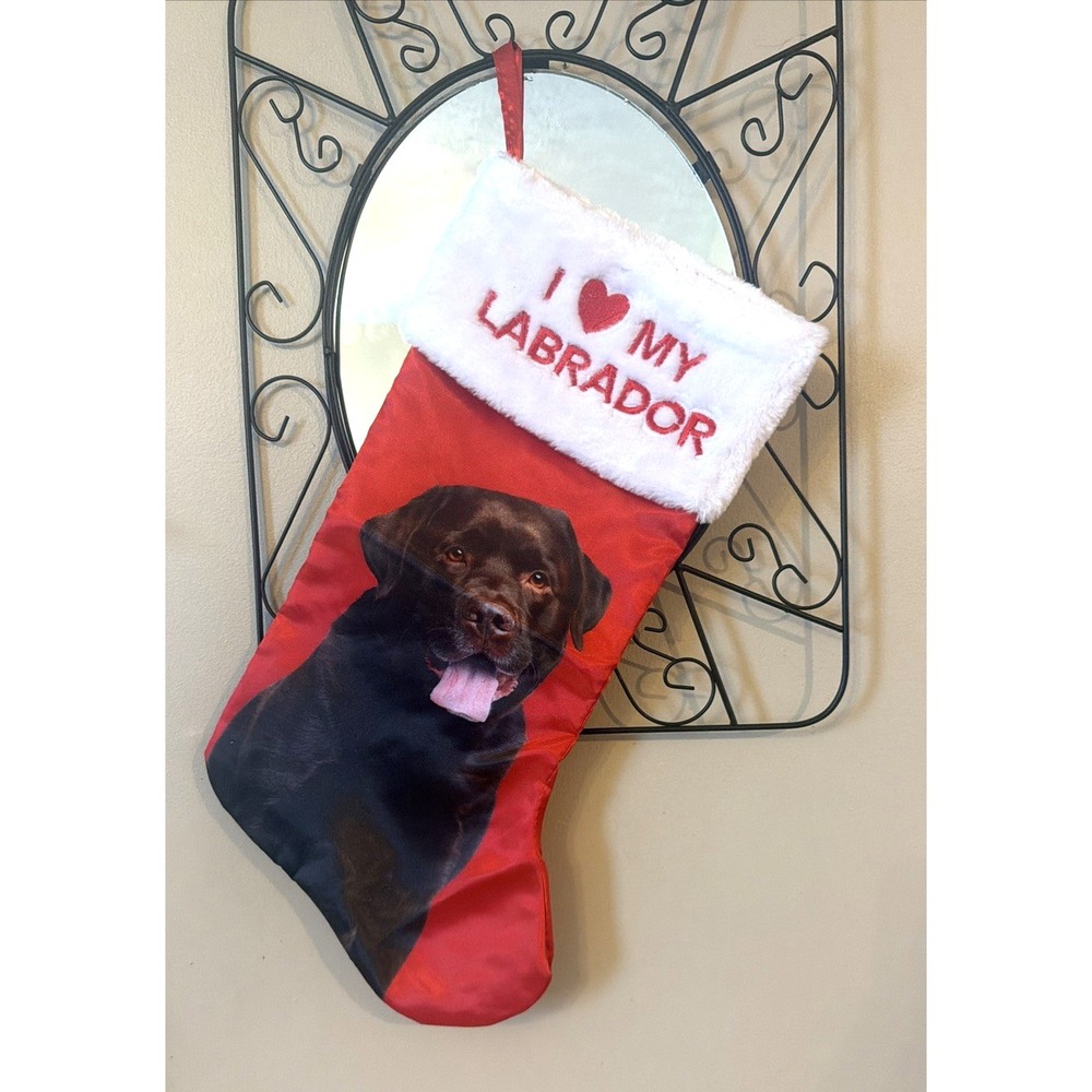NEW Red Satin I LOVE MY LABRADOR Dog Christmas Holiday Faux Fur Stocking 18"